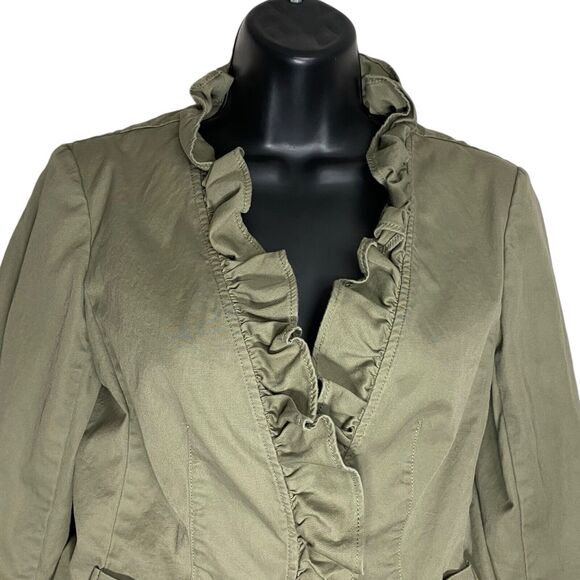 Talbots Blazer Jacket 2 Petite Ruffle Neck Twill Preppy Office Siren Olive Green - Picture 6 of 14